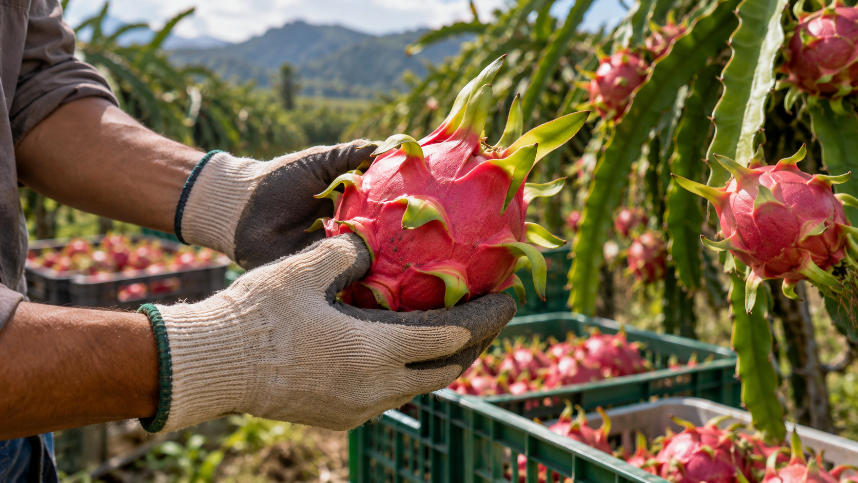 Cosecha responsable de pitahaya roja con guantes limpios