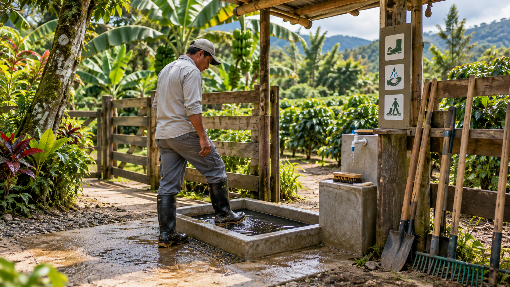 Ingreso a finca con punto de higiene y bioseguridad agrícola
