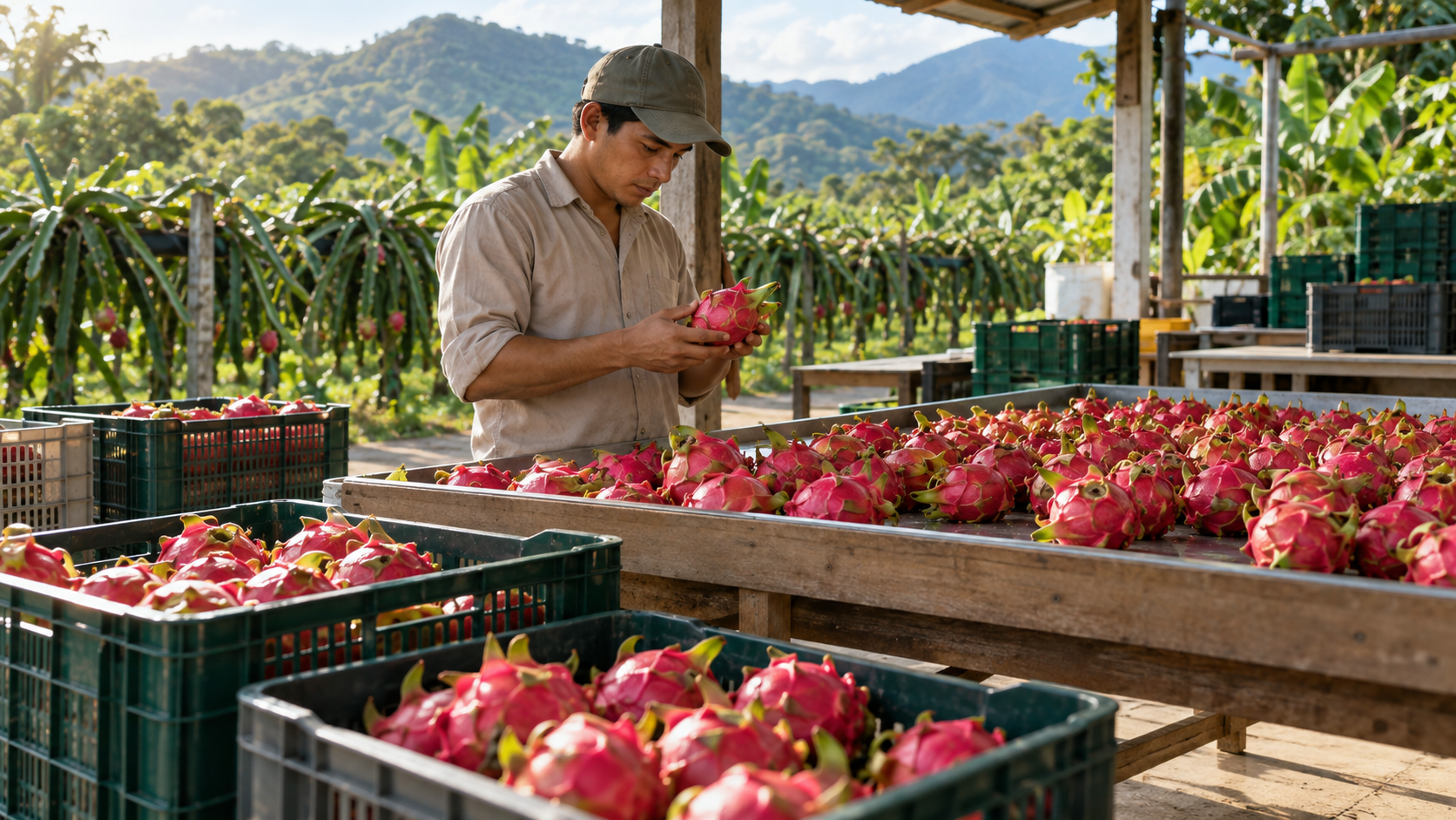 Postcosecha y selección de pitahaya roja en área de trabajo