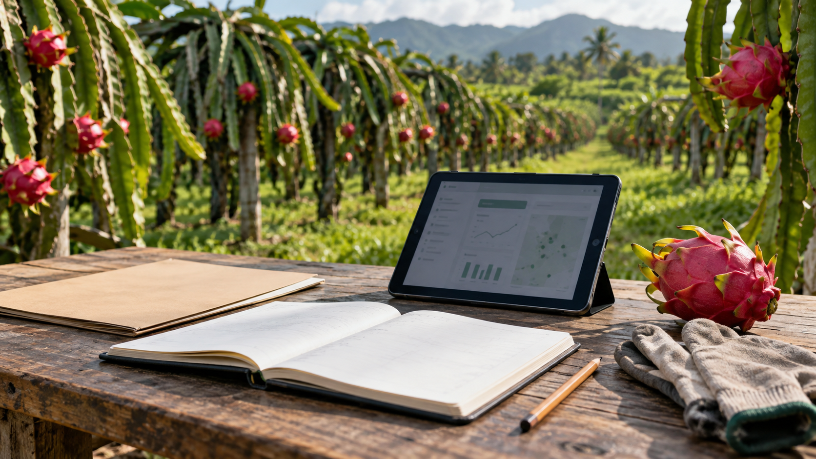 Registros agrícolas, libreta de campo y control documental en finca de pitahaya
