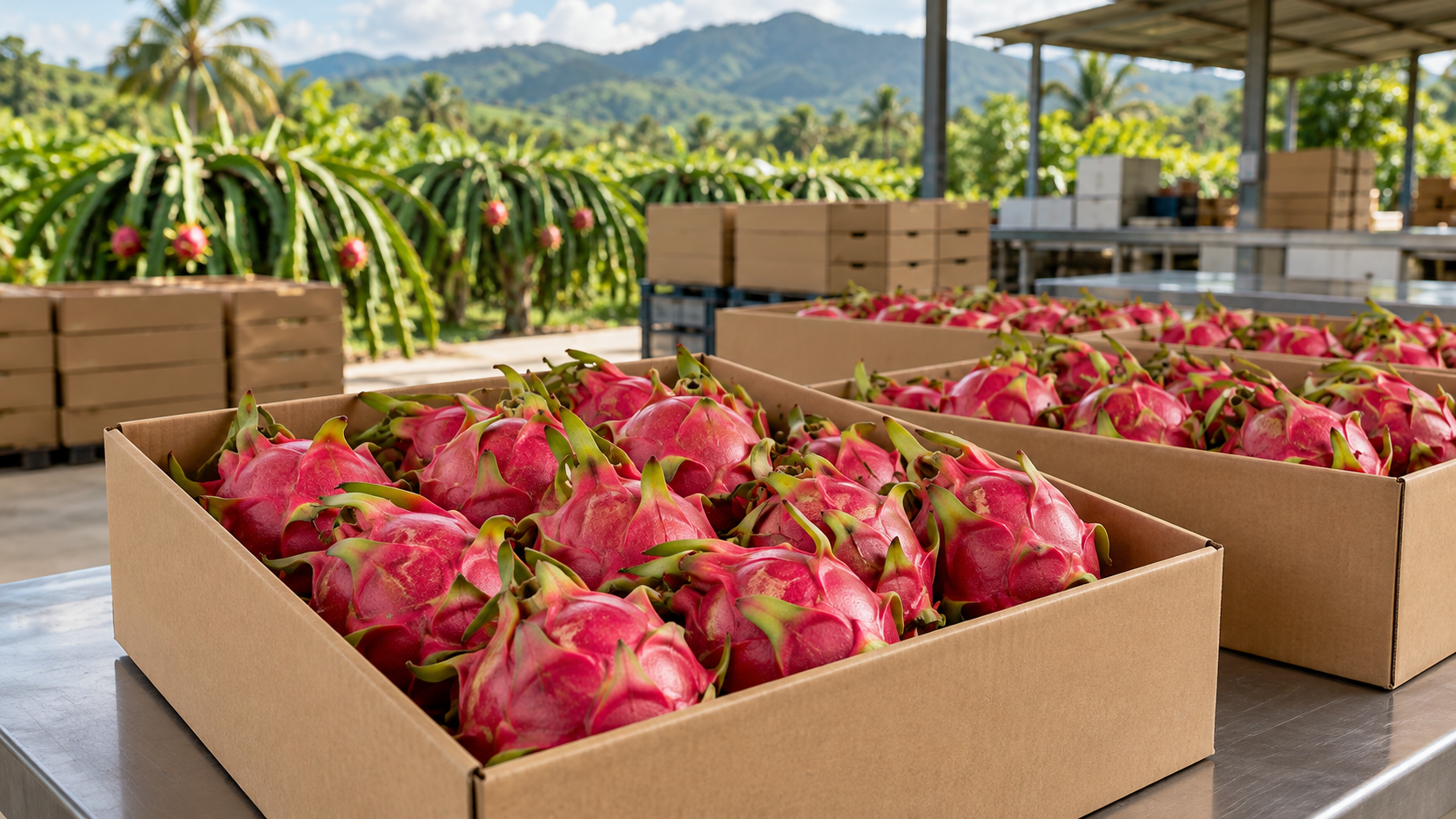 Presentación comercial de pitahaya roja en cajas neutras