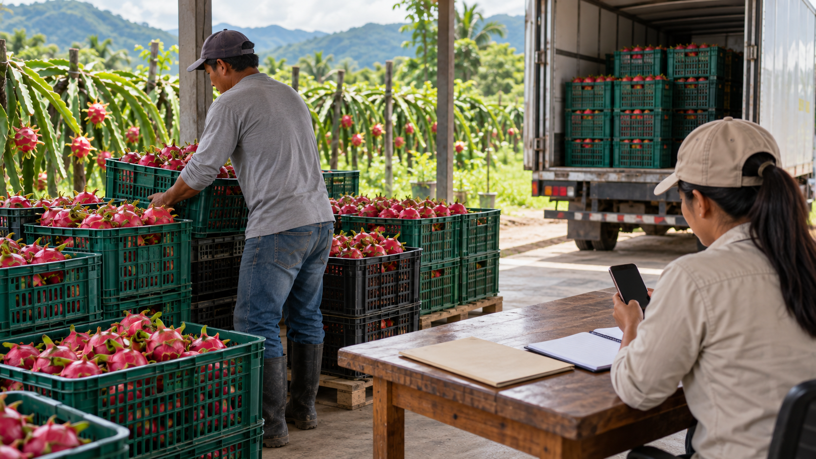 Coordinación de despacho con gavetas de pitahaya roja