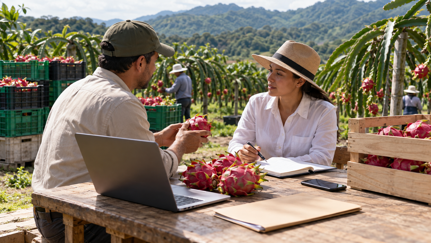 Mesa agrocomercial con pitahaya y documentos de seguimiento
